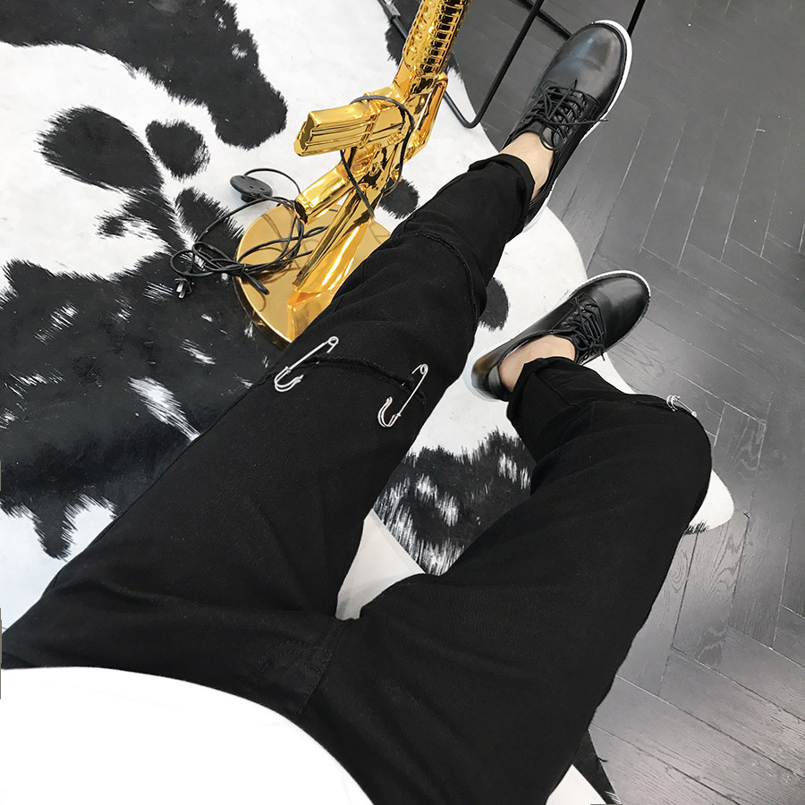 晨树 重磅设计款超屌别针 多种穿搭DIY黑色百搭修身破洞牛仔长裤