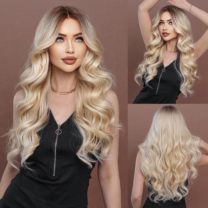 European and American Women's Medium-Length Wavy Synthetic Hair Lace Wig in Golden Blonde Color European and American Women's Medium-Length Wavy Synthetic Hair Lace Wig in Golden Blonde Color
