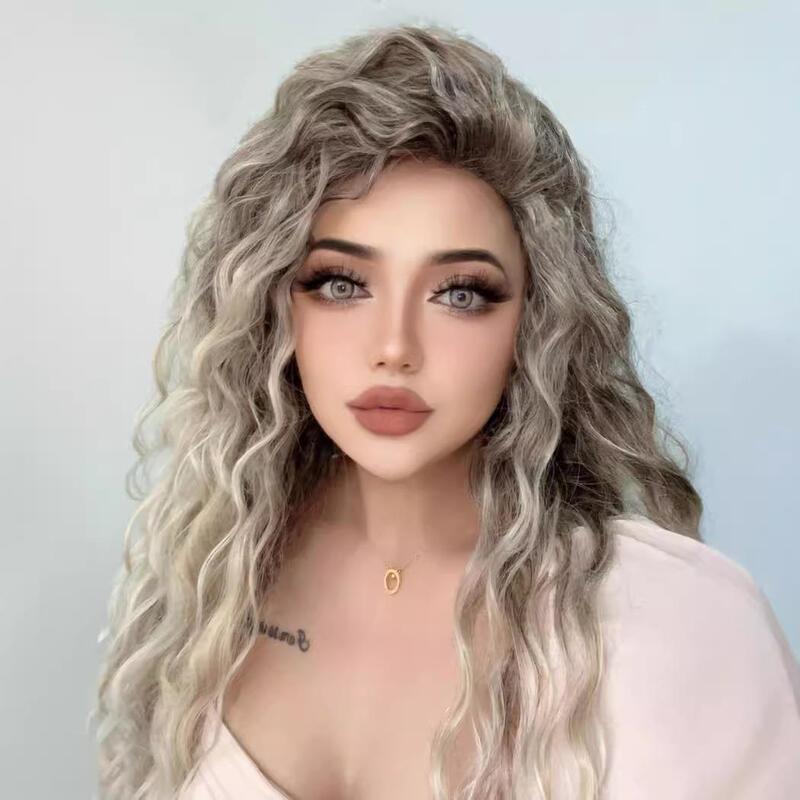 European and American Style Synthetic Wig for Women, African Small Curly Long Hair, Gray-Blonde Side-Parted Curly Wig