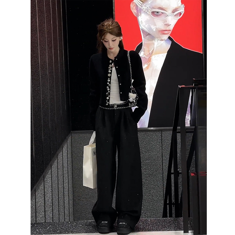 Elegant Ladylike Chanel-Style Suit for Women, Autumn Light Luxury High-End Short Knitted Cardigan and Wide-Leg Pants Two-Piece Set