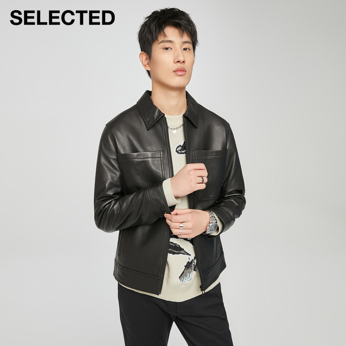 SELECTEDSELECMED male sheep leather turnover multi-pocket bracelet for business casual leather clothing S) 421110018