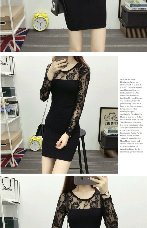Mùa thu mới ren đen gợi cảm váy nữ Slim lưới dài gạc khâu hông dài tay áo chạm đáy váy chiết eo