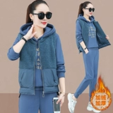 Демисезонные джинсы с начесом, модный спортивный костюм, бархатная толстовка, комплект, 3 предмета