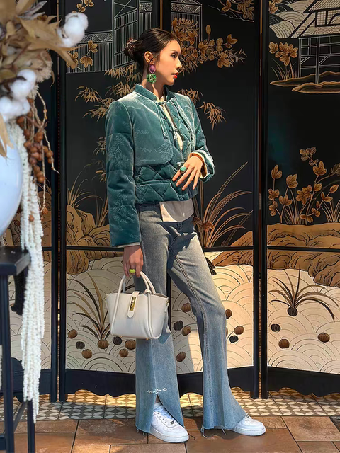 [Peach Blossom Source]Green Short-Style Traditional Chinese New-Style Women's down Jacket Warm Cotton Coat Outerwear Top