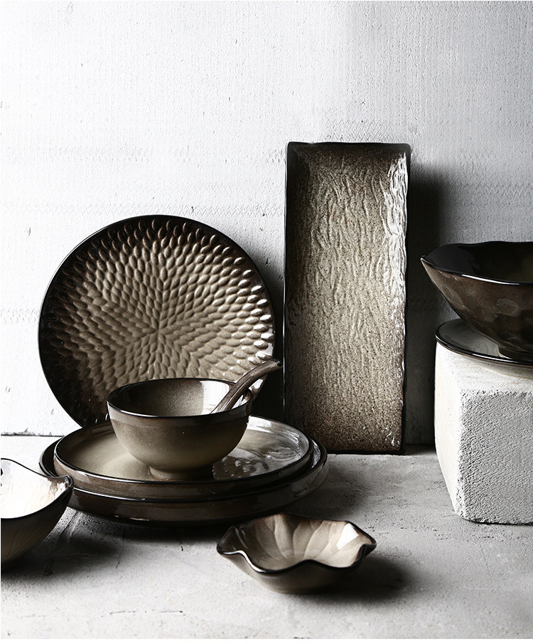 Retro restaurant, Japanese hotel, kitchen, home Black Mist series ceramic tableware set, plates, bowls and dishes pic 4