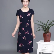 Phụ nữ sang trọng phụ nữ trung niên mùa hè đầm mẹ đầm ngắn tay cỡ lớn cotton dài in lụa - Quần áo của mẹ