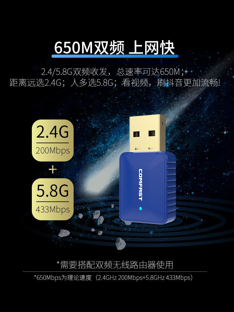 Comfast 726B Driver-Free 5g Dual-Band 600m Wireless Network Card Bluetooth 2-in-1 Desktop Gigabit Computer Laptop USB External Wireless Network Receiver Wifi Transmitter