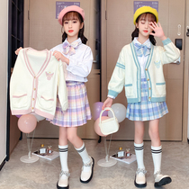 Girls jk uniform skirt children Spring and Autumn day college style sweater three-piece genuine primary school student grid skirt suit