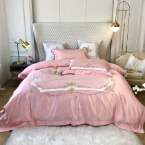 European silk embroidery cotton four-piece set bed sheet Solid color bed sheet duvet cover Pure cotton 1 8m rice bedding