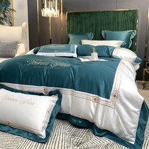 Luxury 60 washed silk bed four-piece set European embroidery cotton quilt set Cotton sheets fitted sheet net red section