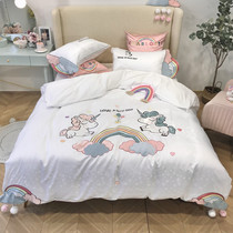 Small fresh princess style cartoon silk four-piece set Cotton embroidery Cotton quilt cover fitted sheet net red bedding