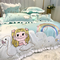 Girl princess wind rainbow embroidery ice silk bed four-piece set Cotton pure cotton Silk cartoon quilt cover sheet fitted sheet