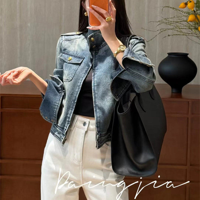 Nanyou High-End Women's Clothing 2026 Early Spring New Style Daingja Fashionable Distressed Stand-Collar Short Denim Jacket for Women