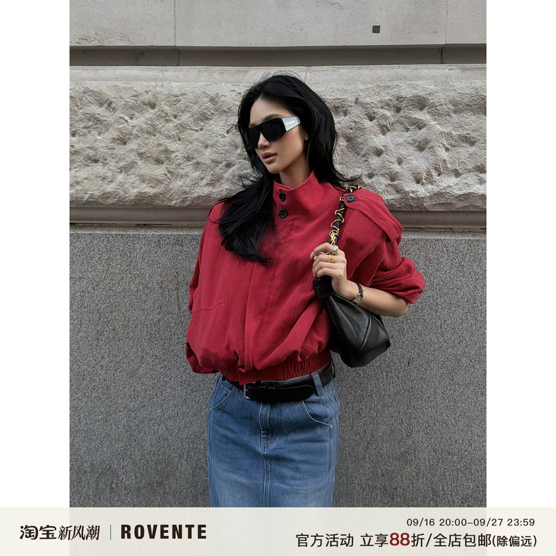 Rovente Retro Lava Red Linen Loose Shoulder Pad Jacket Women's Autum Casual Stand Collar Short Windbreaker Rovente Retro Lava Red Linen Loose Shoulder Pad Jacket Women's Autum Casual Stand Collar Short Windbreaker