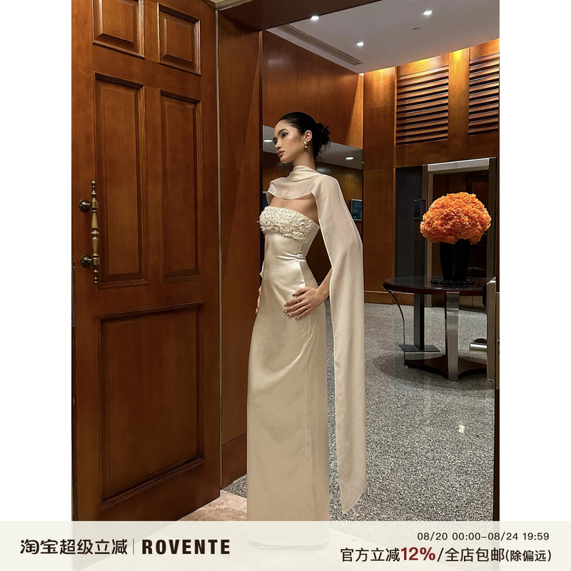 Rovente Flowing Feast White Strapless Dress Women's Slim Fit Shawl Sequin Celebrity Gown Long Dress Rovente Flowing Feast White Strapless Dress Women's Slim Fit Shawl Sequin Celebrity Gown Long Dress