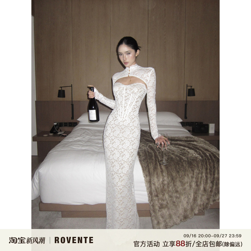 Rovente Elegant White Strapless Fishbone Lace Bodycon Dress Women's Autumn Long Sleeve Formal Dress Long Gown Rovente Elegant White Strapless Fishbone Lace Bodycon Dress Women's Autumn Long Sleeve Formal Dress Long Gown