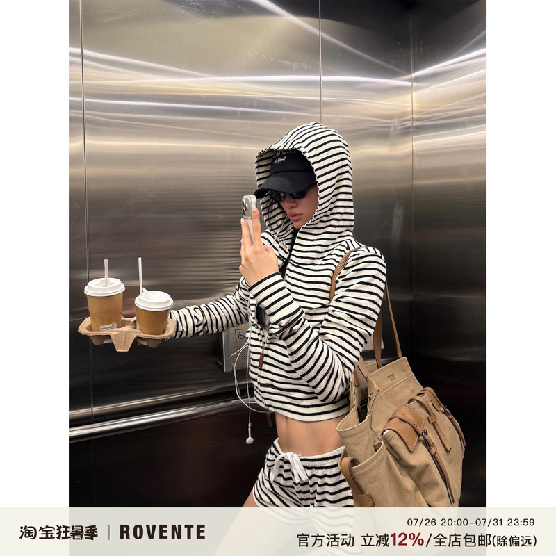 Rovente Lazy Echo Striped Hooded Short Sweatshirt Suit for Women, Autum Casual Slim Fit Jacket Rovente Lazy Echo Striped Hooded Short Sweatshirt Suit for Women, Autum Casual Slim Fit Jacket