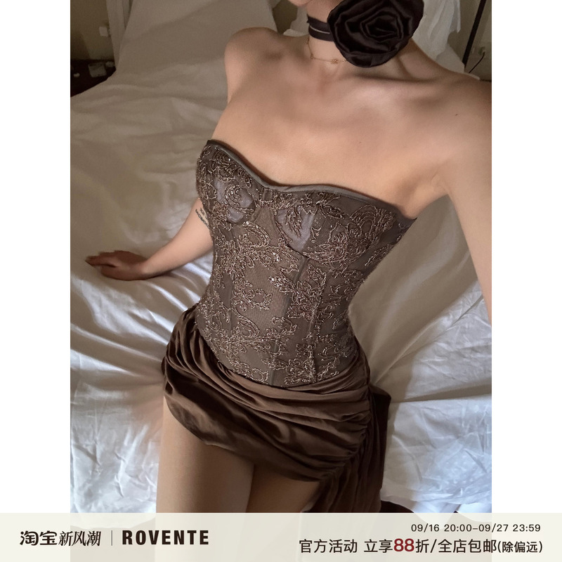 Rovenet Coffee-Colored Heavy Lace Boned Camisole with Chest Pads, Waist-Cinching Slim-Fit Bustier Top for Women