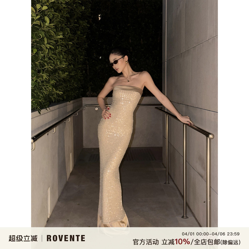 Rovente Shimmering Evening Apricot Sequin Strapless Dress Women's Spring Birthday Dress Slim Fit Bodycon Long Dress Rovente Shimmering Evening Apricot Sequin Strapless Dress Women's Spring Birthday Dress Slim Fit Bodycon Long Dress