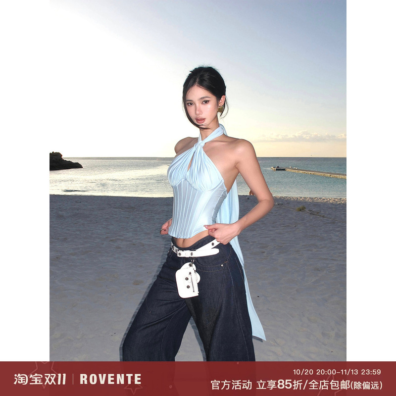 Rovente Blue Halter Neck Fishbone Vest with a Stylish Design, Sexy Bra, Vacation Waist-Cinching Outerwear Camisole for Women Rovente Blue Halter Neck Fishbone Vest with a Stylish Design, Sexy Bra, Vacation Waist-Cinching Outerwear Camisole for Women