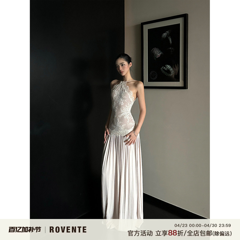 Rovente Lace Patchwork Spaghetti Strap Dress, Elegant Socialite Holiday Birthday Dress, Waist-Cinching Backless Long Dress