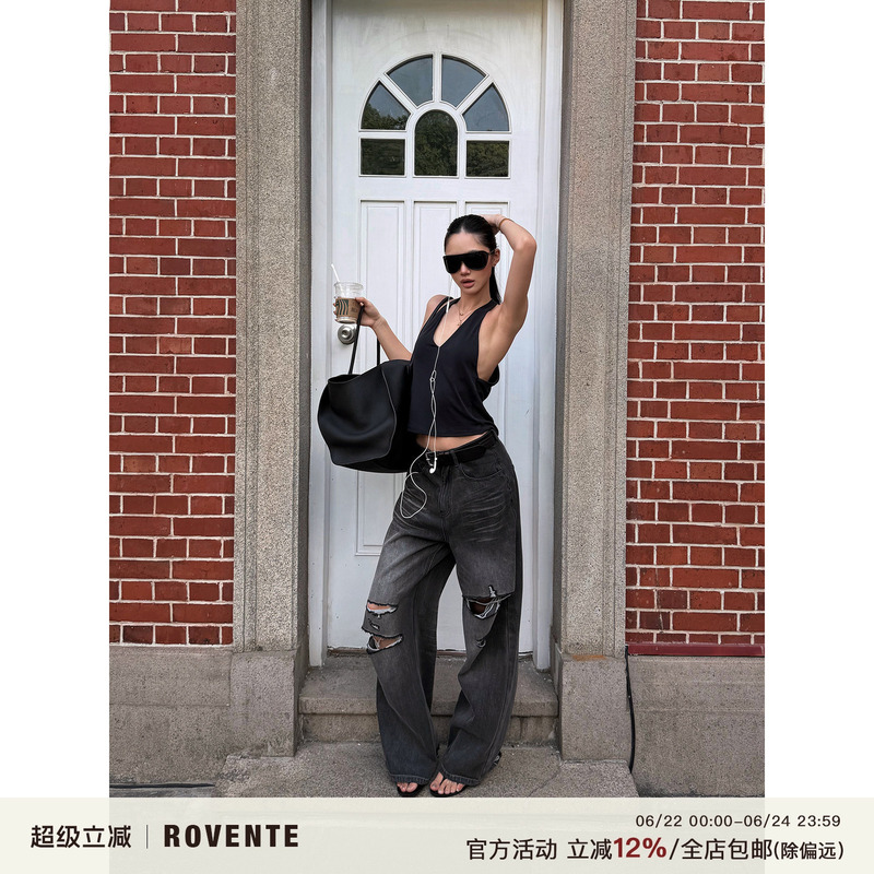 Rovente Cool Street Style Black Ripped Denim Pants for Women, Low-Waisted, Vintage, Casual, Loose, Straight-Leg Wide-Leg Pants