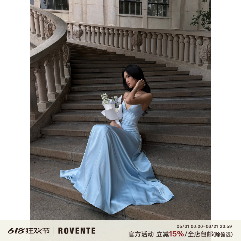 Rovente Filoli Manor Blue French-Style Spaghetti Strap Dress for Women, Summer Slim-Fit Waist-Cinching Birthday Dress, Long Dress