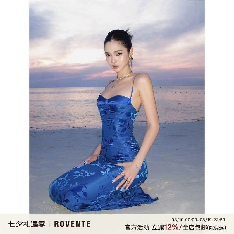 Rovente Blue Sea Venus Holiday Print Slim-Fit Bodycon Spaghetti Strap Dress Summer Birthday Dress Long Dress