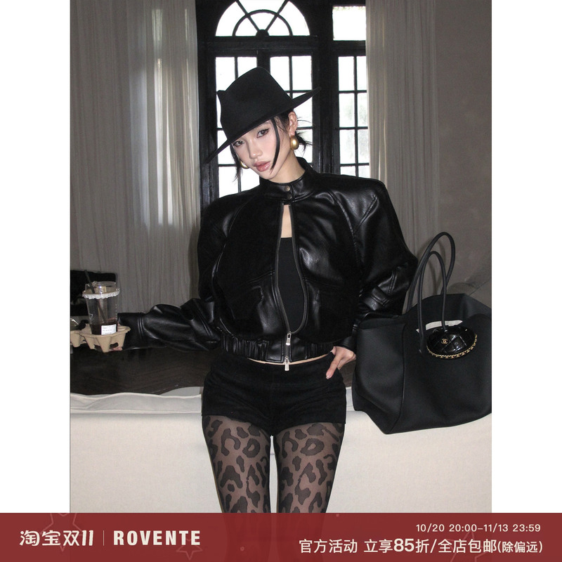 Rovente Rebellious Breath Black Loose Leather Jacket for Women, Spring and Autumn, High-End Short Cardigan Jacket with Regular Shoulders