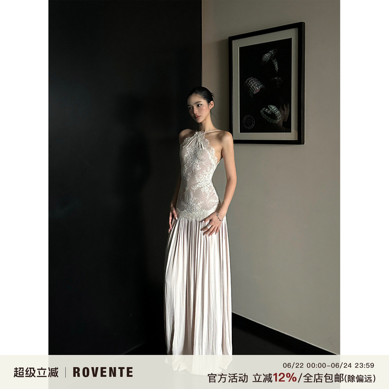 Rovente Lace Patchwork Spaghetti Strap Dress, Elegant Socialite Holiday Birthday Dress, Waist-Cinching Backless Long Dress