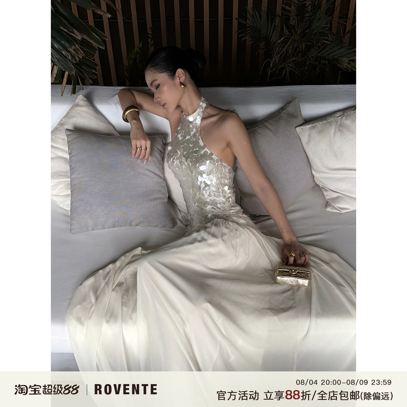 Rovente Dazzling White Sequin Halter Neck Sleeveless Dress for Women, Waist-Cinching Slimming Mesh Gown Long Dress Rovente Dazzling White Sequin Halter Neck Sleeveless Dress for Women, Waist-Cinching Slimming Mesh Gown Long Dress