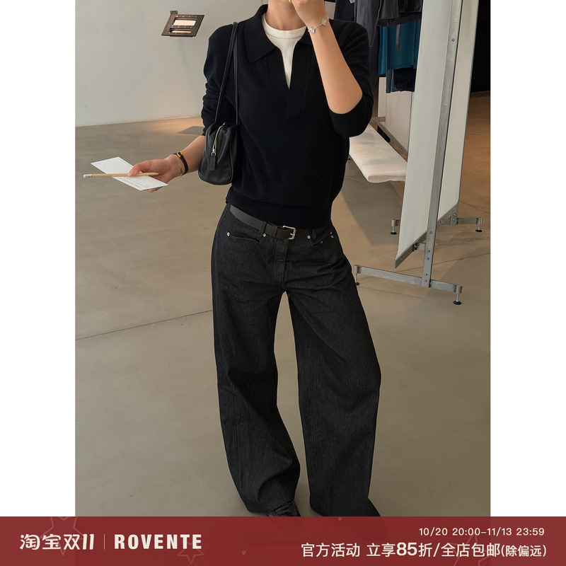 Rovente Denim Floating Shadow Black Geometric Pocket Straight-Leg Jeans for Women, Autumn Simple Loose Low-Waist Long Pants Rovente Denim Floating Shadow Black Geometric Pocket Straight-Leg Jeans for Women, Autumn Simple Loose Low-Waist Long Pants