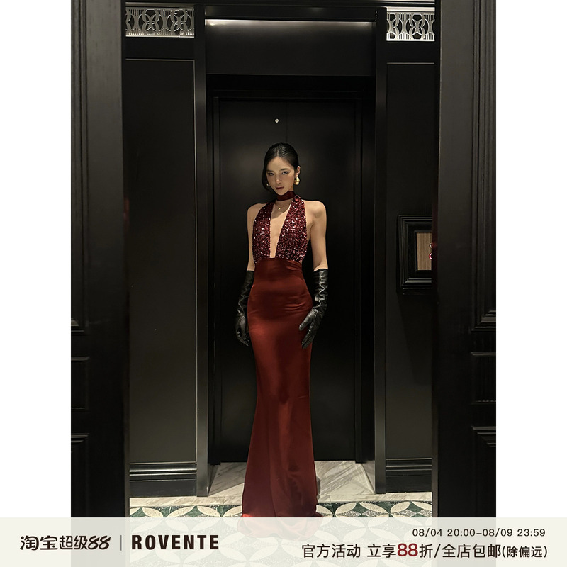 Rovente Burgundy Evening Red Halter Sequin Dress Deep V Sexy Backless Gown Bodycon Long Dress Rovente Burgundy Evening Red Halter Sequin Dress Deep V Sexy Backless Gown Bodycon Long Dress