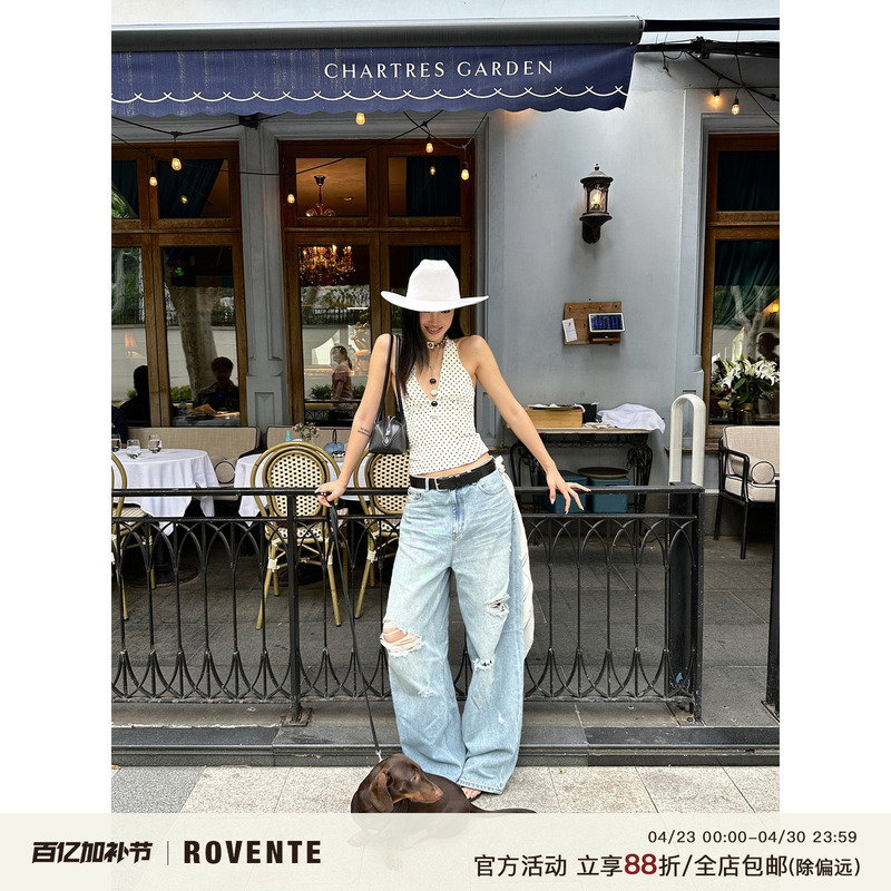 Rovente Blue Loose Pants for Women, Summer Slimming Straight Wide-Leg Pants, Irregular Ripped Jeans