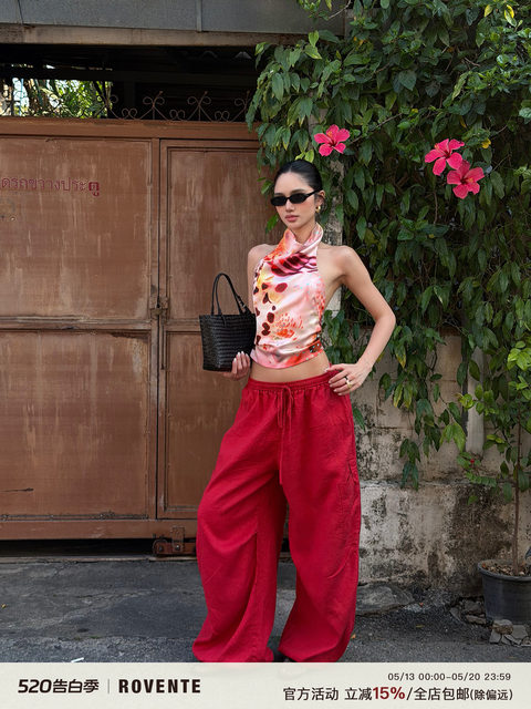 Rovente Flame Red 100% Linen Loose Wide-Leg Pants for Women, Summer Thin Workwear Casual Long Pants