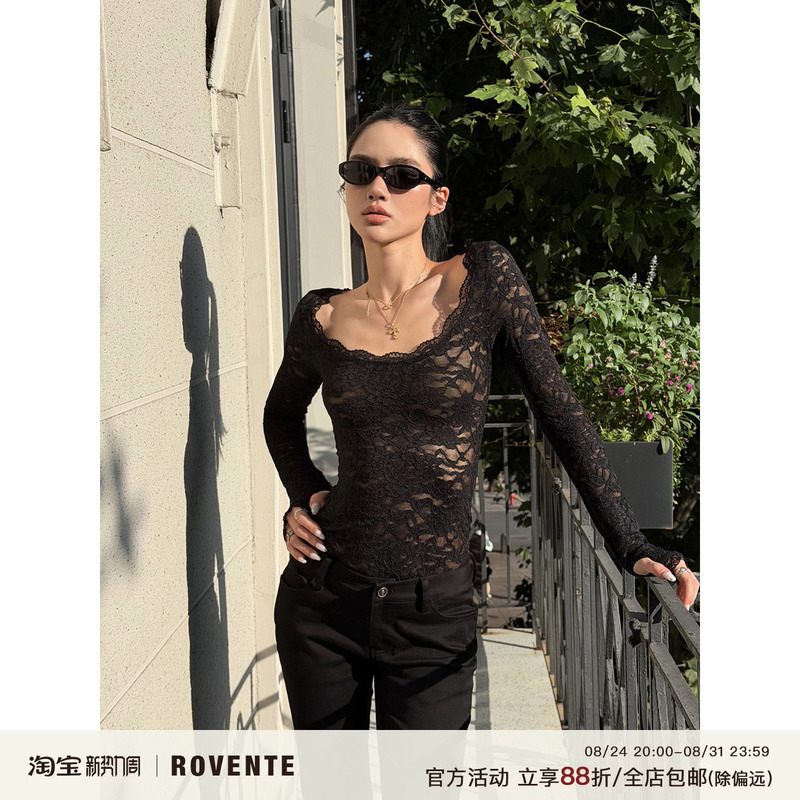 Rovente Mature Style Black Low-Neck Lace Trim Slim-Fit T-Shirt for Women with a Spicy Design and Waist-Cinching Top