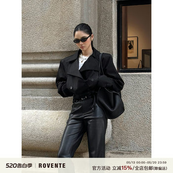 Rovente Spy Shadow Black Suit Collar Trench Coat for Women, Autumn Loose Fit, Pure Cotton, Regular Shoulder, Waist-Cinching, Short Outerwear