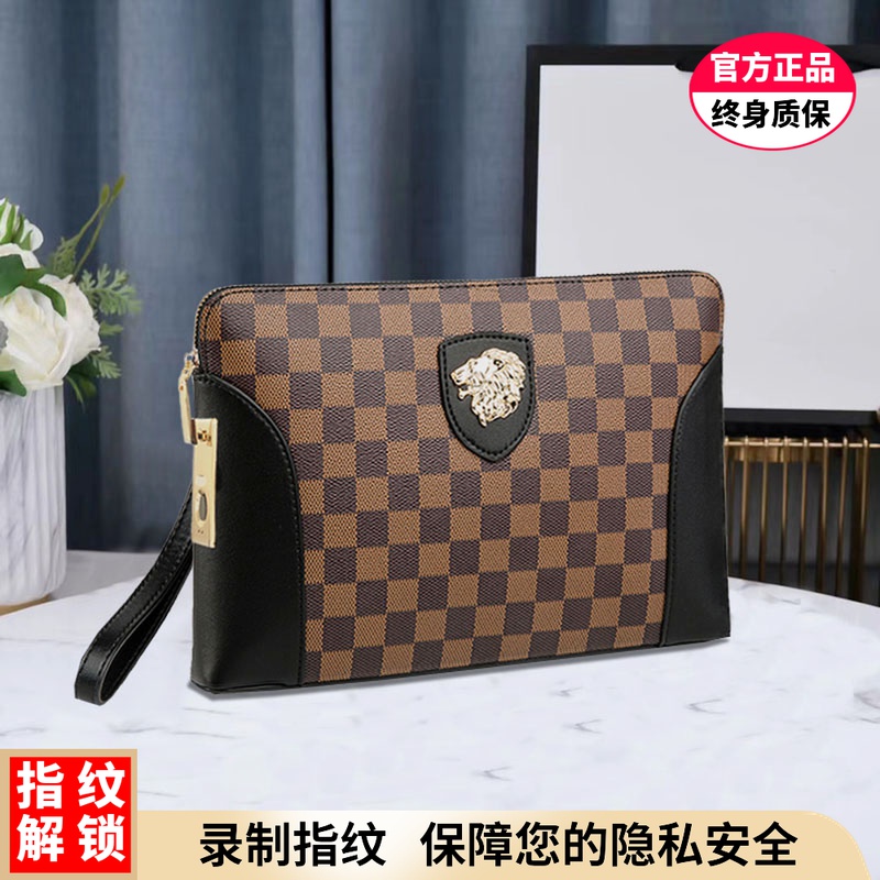 Handbags Male genuine leather Large capacity Tide Cards Fingerprint Unlock Hand Grab Bag Luxury Brands Fashion Plaid Clips Hand Grip Bag
