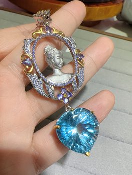 Natural blue topaz pendant 925 silver inlaid women's jewelry live mouth italian craft large particles