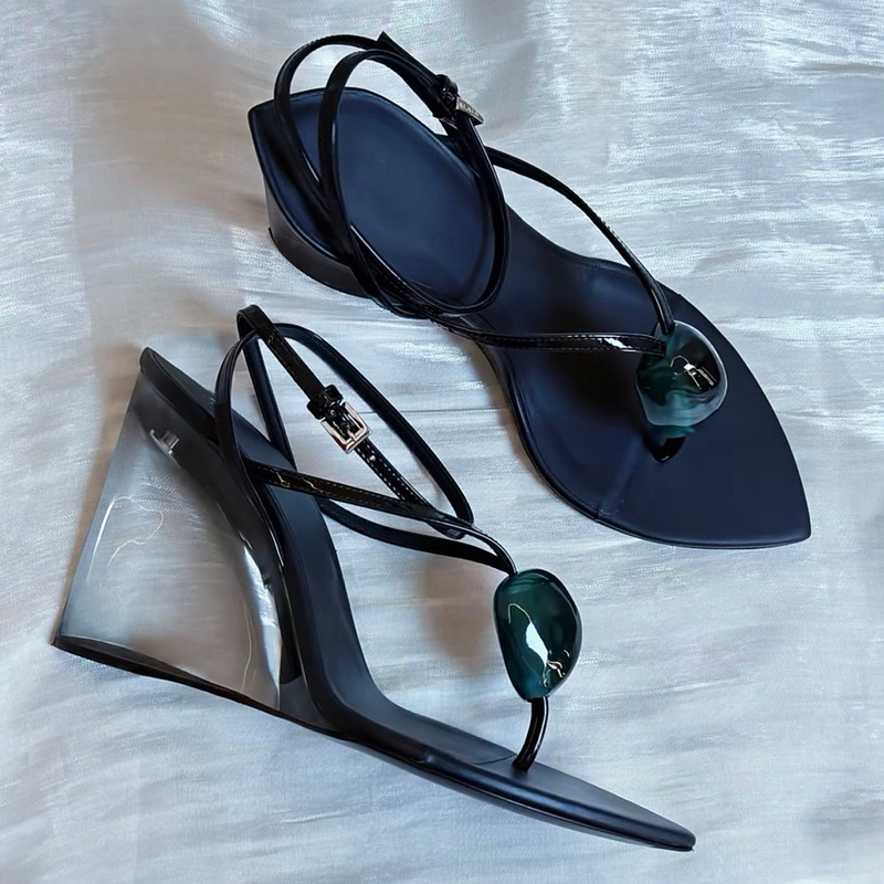 Beautiful Emerald Green High-Heeled Sandals 2026 Summer Thong-Style Thin Strap Transparent Wedge Heel Simple Flip-Flops Women's Shoes