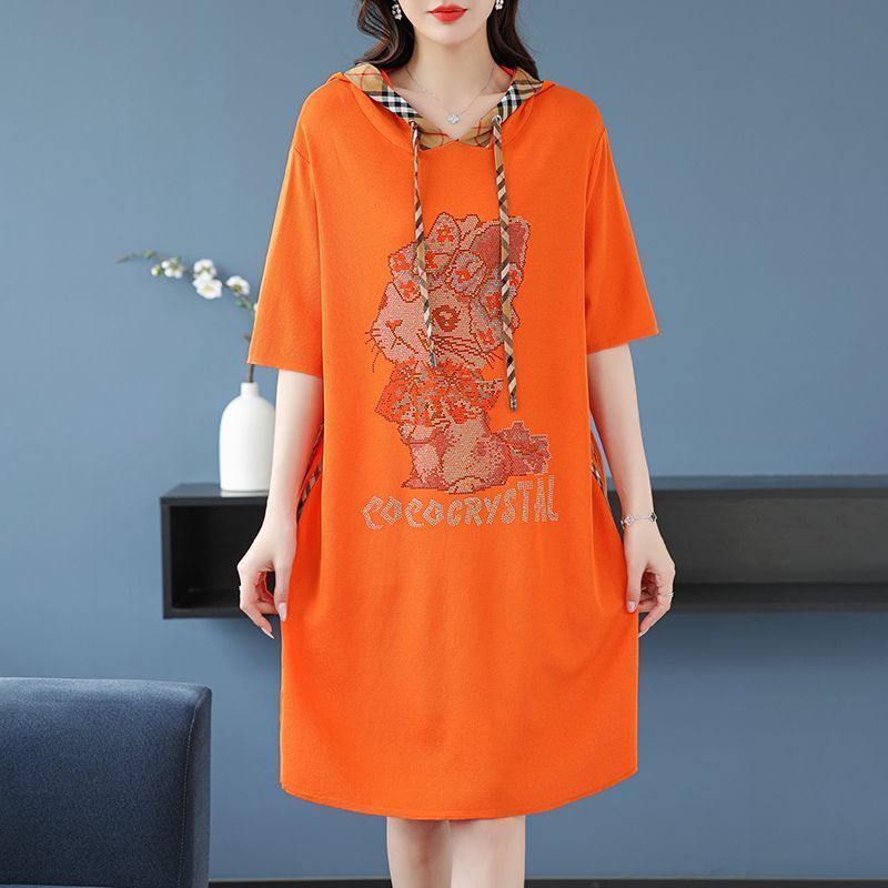 Pure Cotton Plus-Size Summer Short-Sleeve Sweatshirt Dress for Women, Stylish Mid-Length Hooded Dress, Large Size Loose Casual Dress Pure Cotton Plus-Size Summer Short-Sleeve Sweatshirt Dress for Women, Stylish Mid-Length Hooded Dress, Large Size Loose Casual Dress