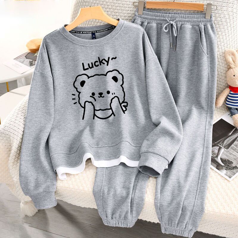 Plus Size Women's Clothing 1.0-150kg Cartoon Sweatshirt Set 2026 Autumn Hong Kong Style Trendy Brand Loose Top and Sweatpants Two-Piece Set