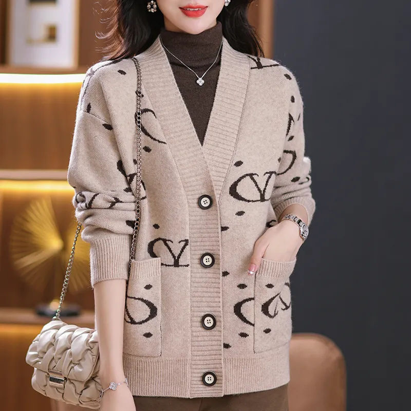 2026 Korean Style High-End Shawl Knitted Cardigan for Outerwear, Autumn and Winter Thickened Large Size Loose Letter Sweater Coat for Women