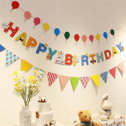 Birthday Labanner Party Dress Dress Supplies Baby Ins Birthday Decoration Scene Arrangement Background Wall Banners Triangle Banner-Taobao