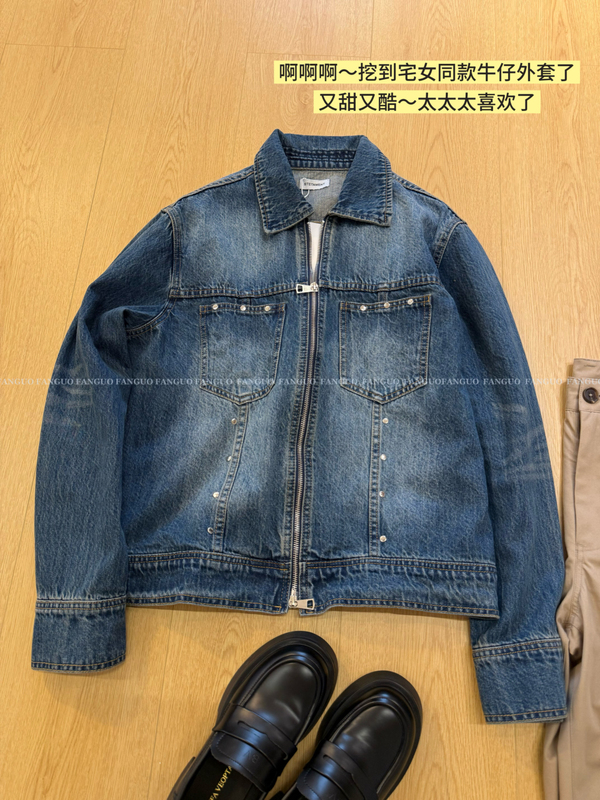 Stetam*Nt Heavy-Duty Quality! American-Style Restaurant Retro Studded Double-Zipper Denim Jacket with Free Shipping