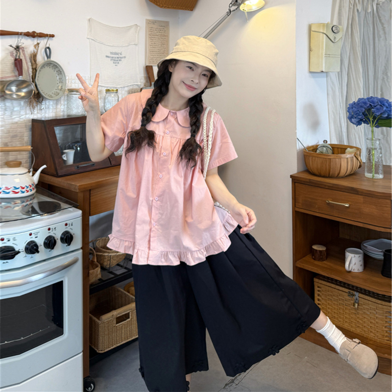 Plus Size Women's Korean Style Ruffled Shirt and Cropped Pants Two-Piece Set, Summer Loose Fit, Slimming and Versatile Outfit