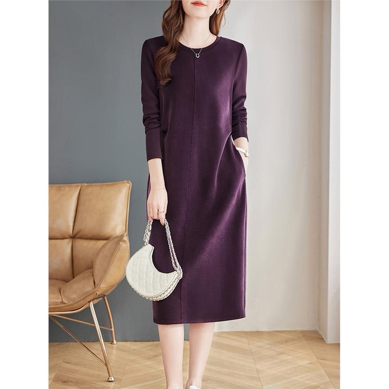 Purple French-Style Age-Reducing Long-Sleeve Dress for Women, 2026 New Spring and Autumn High-End Plus-Size Women's Fashion, Elegant Straight Dress