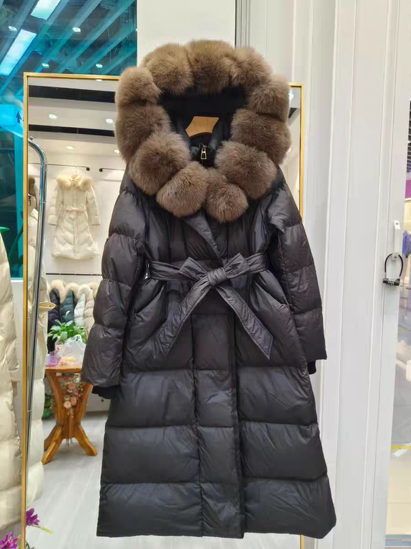 2025 New Winter Fashion Long down Jacket for Women, Thickened with Large Fox Fur Collar, Waist-Cinching, Hooded, Elegant and Slimming