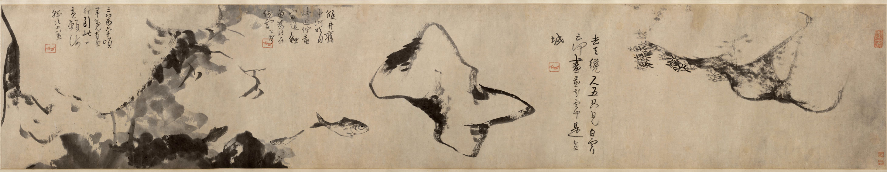 Qingzhu Fish Stone Scroll of Eight Great Mountain People with high-definition replica State Painter Water Ink Copy Painted Banner Flower Bird