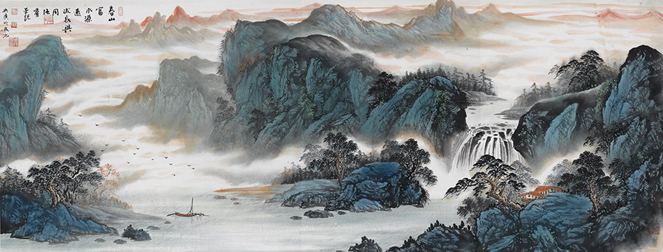Zhou Qiangchun Mountain rich water with ancient Chinese painting landscape banners Xuan paper Microspray reproduction prints high realistic Chinese painting